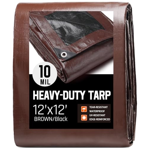 12 x 12 FT Waterproof Heavy Duty Tarp 10 Mil Thick Outdoor Furniture Covers Plastic Insulated Tarpaulin for Camping Tent Roof Boat Patio Pool Cover Large & Small Multi-Size Tarps Brown/Black