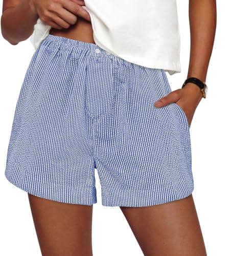 PRETTYGARDEN Women's Striped Boxer Shorts Summer 2025 Trendy Casual Elastic Waist Lounge Sleep Pajama Bottoms Beach Shorts (Striped Blue White,Medium)