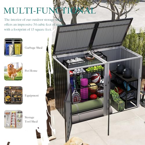 Image of KEIKI Outdoor Garbage Bin Shed for 2 Trash Cans, 54 Cu.Ft Metal Trash Can Storage with Hydraulic Lift Lid, Galvanized Steel Lockable Enclosure for Yard, Garden, Patio, Dark Gray
