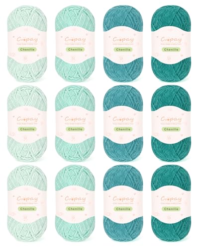 Image of Coopay Skinny Chenille Yarn for Crocheting and Knitting, 12 Pack of 50g /1.76oz - 1764yd Total, Soft Velvet Yarn of Baby Weights - Suitable for Baby Blankets, Plush Toys - Super Soft (Green Gradient)