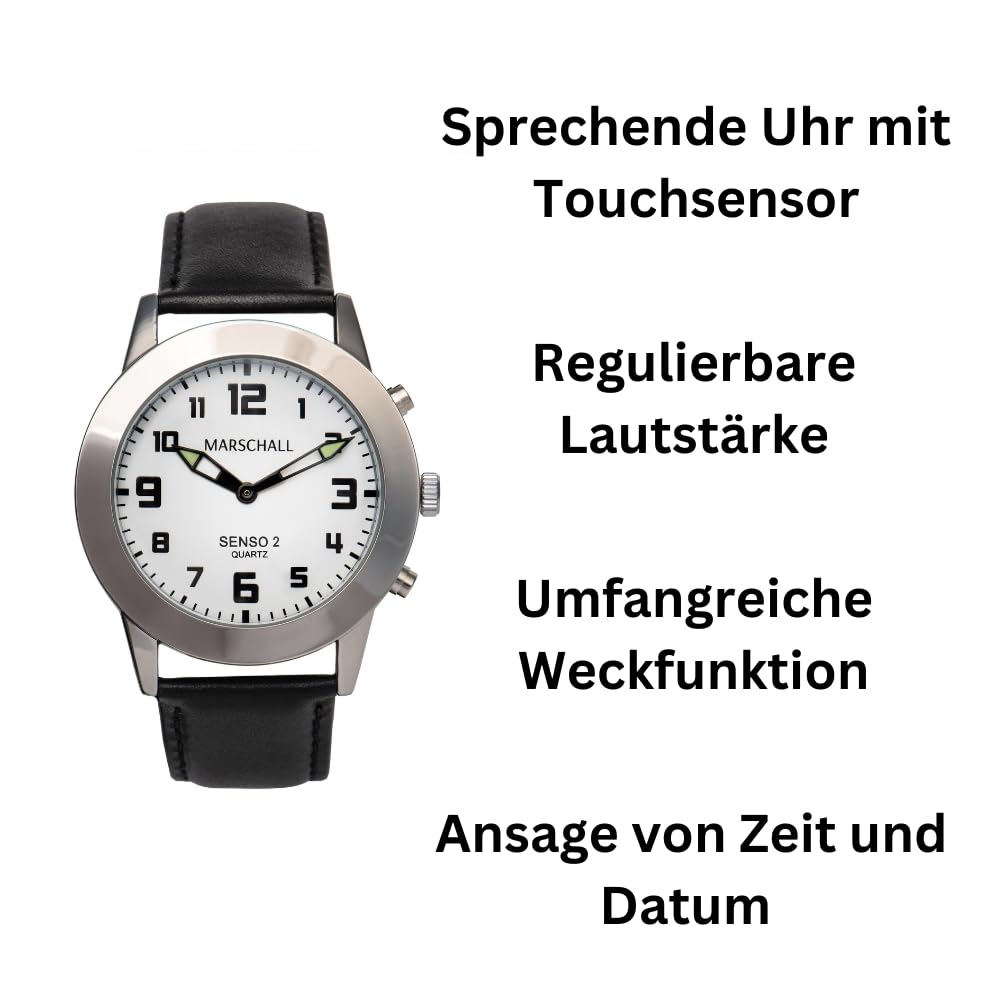 Marschall Senso Deutsch sprechende Herren Armbanduhr I S-HL2 I Mit Touch Funktion I Für Blinde, Senioren und Demenzkranke I Datum- und Zeitansage I Schwarzes Lederarmband