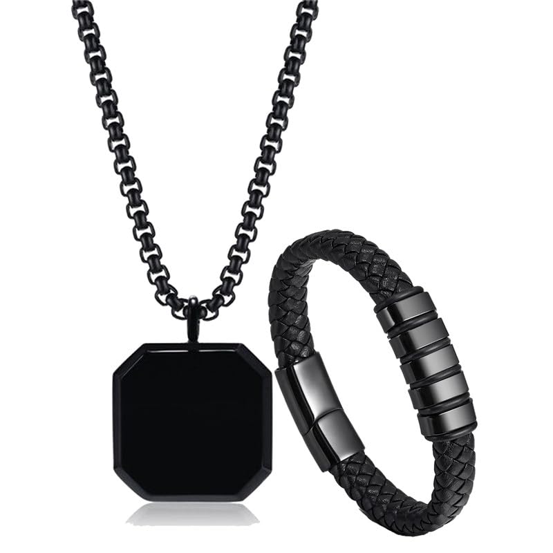 Valentine Gift For Boyfriend Silver Chain For Men Stainless Steel Square Silver Pendant With Black Leather Bracelet For Men Boys Love Gifts Combo