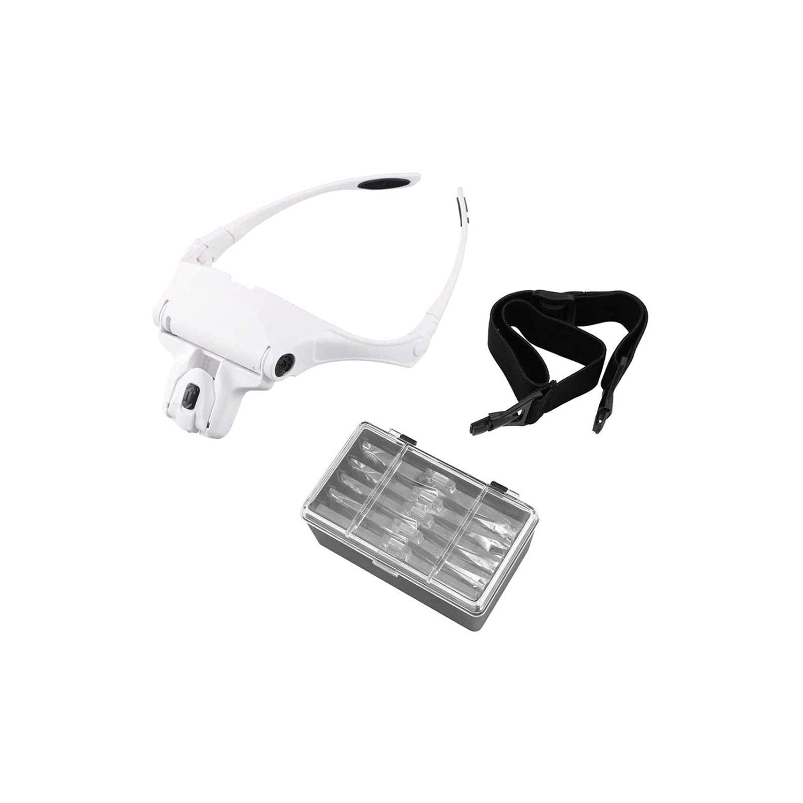 Stirnlupe, Lupenbrille, beleuchtet, zum Befestigen am Kopf, 5 Stück mit 2 LEDs, austauschbare Linsen, Vergrößerungen 1,0 x, 1,5 x, 2,0 x, 2,5 x, 3,5 x.