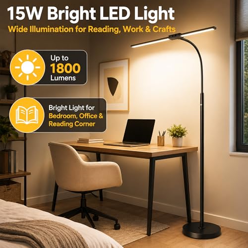 Image of Cordless Floor Lamp Rechargeable, 15W Bright LED Floor Lamp with 8000mAh Battery, Dual Head Gooseneck Standing Lamp, 3 Color Temperatures, Stepless Dimming Battery Floor Lamp for Bedroom Office