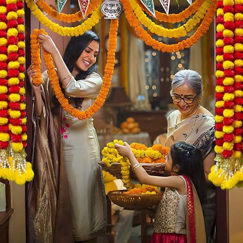 Image of DIYANA IMPEX Marigold Garland for Decoration 5 Pcs of 5 feet Long Strands Artificial Marigold Flowers with Bell, Indian Decor for Pooja /Diwali Decorations /Christmas (Red + Yellow)