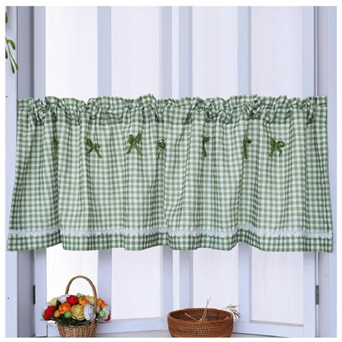 TAEOVXD Cenefa de Cocina Estilo rústico para Ventana, Cenefa de Cortina Corta de algodón a Cuadros Verdes con Bolsillo para Barra para baño, cafetería, decoración de Media Cortina pequeña