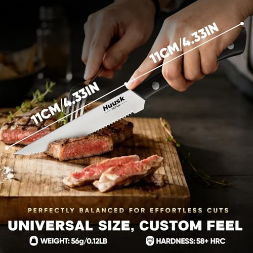 Image of Huusk Steak Knives Set of 6 with Block, Sharp Serrated Steak Knives