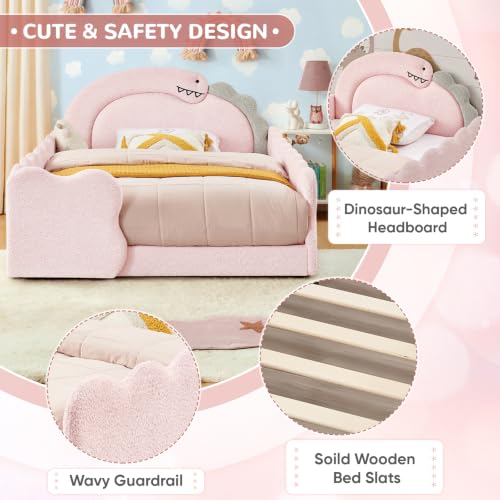 Image of Full Size Kids Bed with Dinosaur Headboard, Upholstered Boucle Fabric Twin Daybed with Slats Support & Side Pocket, Space-Saving Wooden Corner Sofa Couch Day Bed Frame for Girl, Boy, Teenager(Pink)