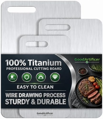 100% Pure Titanium Cutting Board Set of 3, Reversible Dual Side Hygienic Kitchen Cutting Board, Odor Resistant Stain Proof Metal Board with Handle Cutout, Dishwasher Friendly