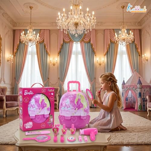 Image of Barbie Backpack Dressing Gift Set for Kids - 2-in-1 Portable Pretend Play Makeup & Vanity Set with Electronic Dryer, 13+ Accessories, Safe & Durable Educational Toy for Girls Ages 3+