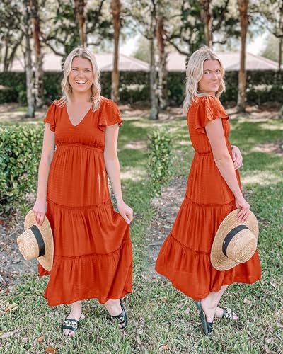 Image of VOTEPRETTY Women's 2026 Summer Boho Maxi Dresses Flutter Short Sleeve V Neck Casual Beach Wedding Guest Vacation Long Dress