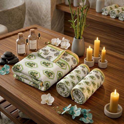 Image of Mafatlal Madhuban Cotton Waffle Set (1 Bath 147x76 cm + 2 Hand 76x38 cm) | 250 GSM | Quick Dry, Hand Printed Floral | Irish Green