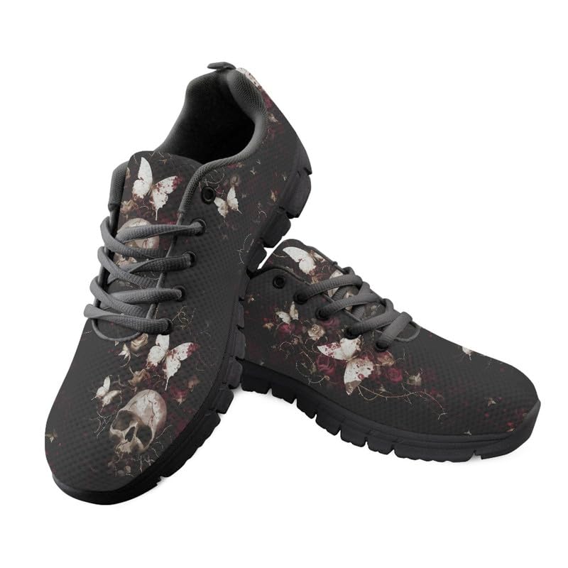Scarpe da ginnastica con teschi per donne e uomini, scarpe da passeggio casual nere in rete, comode scarpe da lavoro a taglio basso