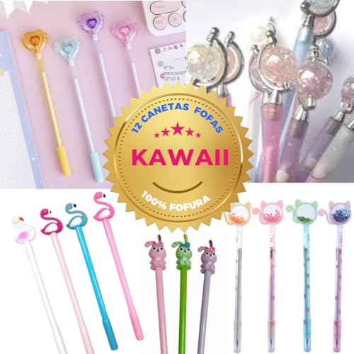 12 Canetas Fofas - 12 Canetas em Gel Bichinhos Personagens Sortidas Kawaii 12 Unidades