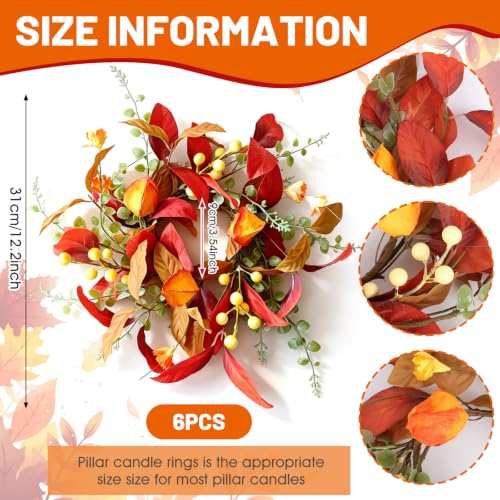 Image of 6 PCS Fall Candle Ring Wreaths Artificial Autumn Candle Holder Wreath | Thanksgiving Candle Ring with Berries Eucalyptus Forsythia for Farmhouse Harvest Pillar Candles Table Centerpiece Decor