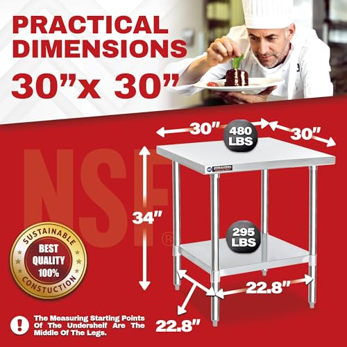 Image of DuraSteel 30x30 Stainless Steel Work Table - NSF Commercial Prep Metal Table - Outdoor Pizza Oven Stand w /Under Shelf - Kitchen Island Laundry Utility Garage Microwave Stand Large Rolling Storage Cart