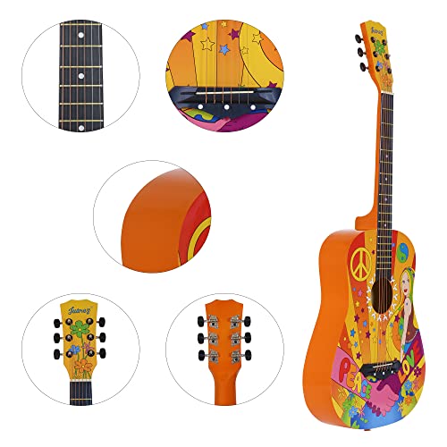Image of Juarez Retro Acoustic Guitar, 38 Inch Cutaway, Hippie Peace Design, With Bag, Picks, Strap & Extra String Set - Basswood