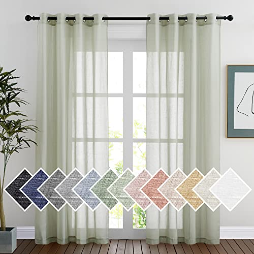 NICETOWN Linen Sheer sage green Curtains 84 inch Length for Bedroom, Grommet Semi Sheer Linen Blend Vertical Window Drapes Privacy with Light Filterin