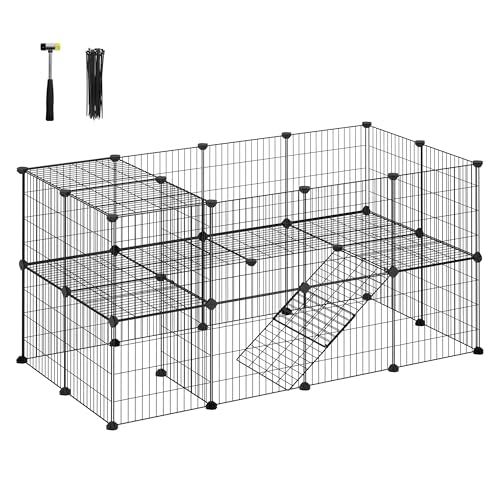 SONGMICS 36 Panels Pet Playpen, Small Animal Playpen, Rabbit Guinea Pig Cage, Zip Ties Included, Metal Wire Apartment-Style Two-Story Pet Premium Villa for Bunnies Puppies,Indoor Use, Black ULPI002B01