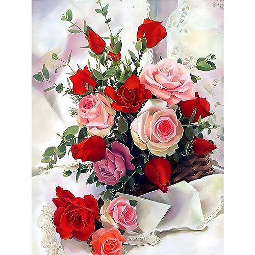 MXJSUA Peinture Bouquet de Roses Diamant Adulte, Diamond Painting 5D Complet, Diamant Kits, Diamant Strass Point de Croix Cristal Painting pour Murale...