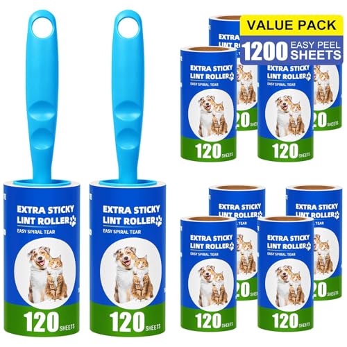 Omtofo 1200 Feuilles Rouleau Poils Animaux 10 Rouleaux avec 2 Poignées, Extra Collant Rouleau Adhesif Vetement, Lint Roller pour VêTements, Cheveux, Canapé,...