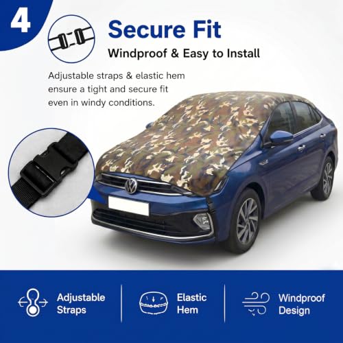 Image of Pivalo Half Car Body Cover for Sedan Cars (All Models & Years) | 100% Waterproof Outdoor UV & Heat All Weather Protection | Triple Stitched 3 Layer with Adjustable Straps Cover (Military /Army)