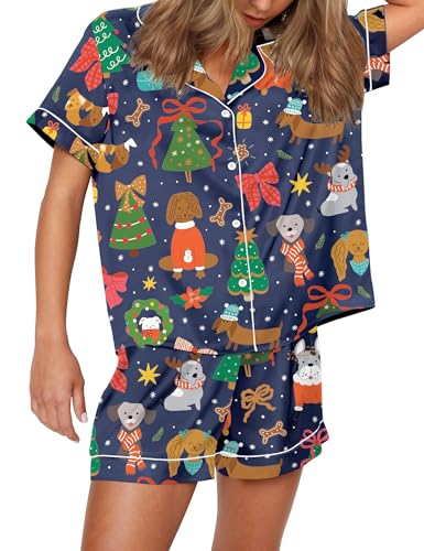 Image of SHESHOW Satin Pajamas for Women Set Preppy Animals Pjs Short Sleeve Shorts 2 Piece Loungewear Sets XS-XXL