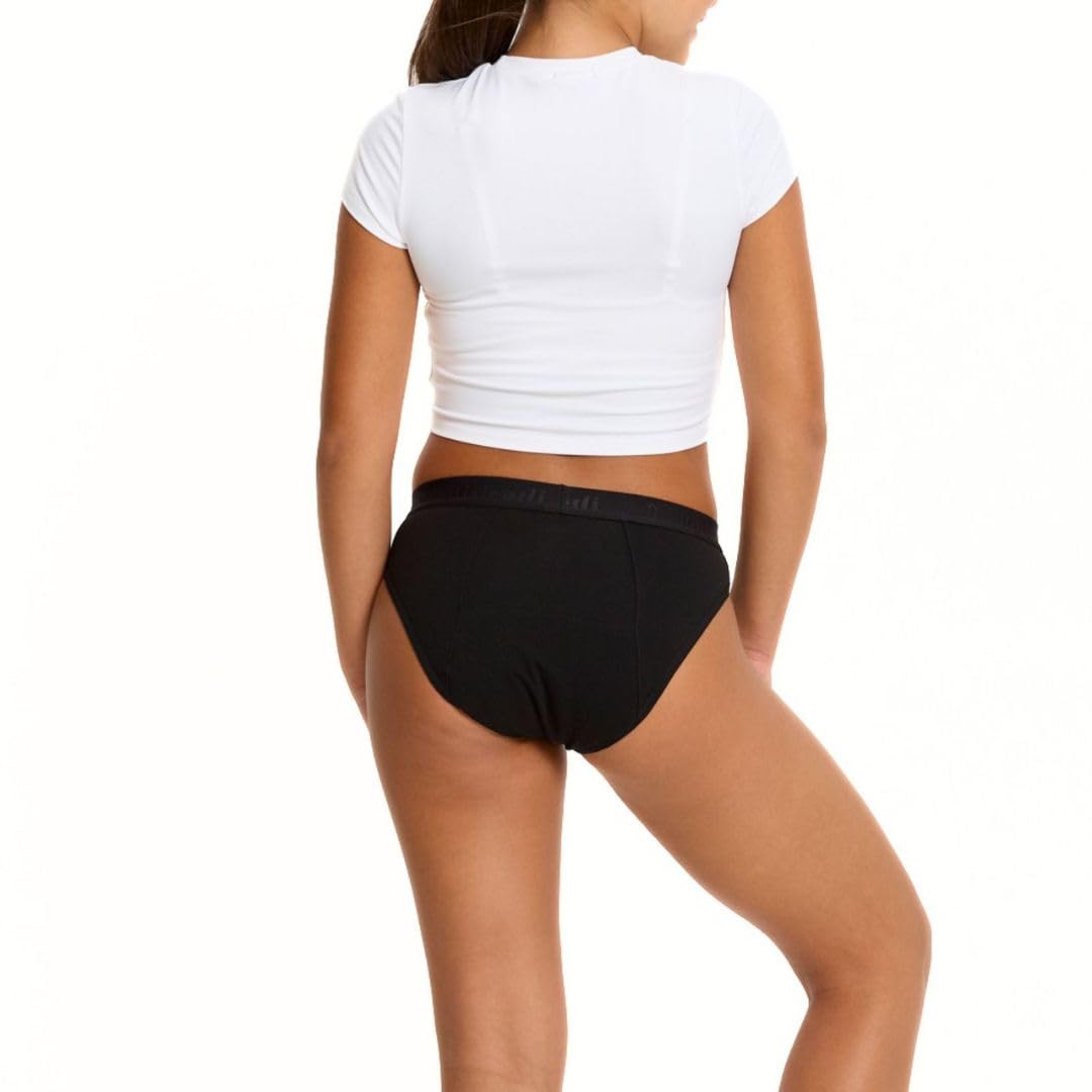 Modibodi Bragas Menstruales Niña Adolescente Hipster Bikini Flujo Medio 30ml Antifugas Reutilizable Ropa Interior Algodón Suave Cómoda Negro