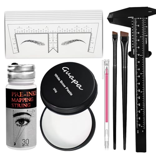 Microblading Eyebrow Mapping Kit with 30m White Mapping String 20g White Brow Paste 2 Eyebrow Brushes 10 Brow Ruler Stencils 1 Caliper for Brow Design (Kit-1)