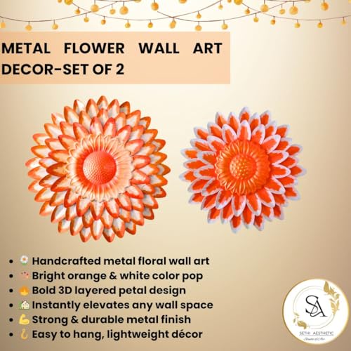 Image of SETHI AESTHETIC Metal Kesariya Flower Wall Art Decor, Handmade 3D Layered Petal Design, Set of 2 (13x13 inch and 11x11 inch) (Metallic Kesariya)
