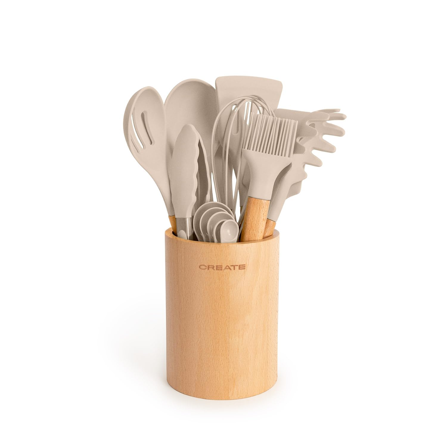 CREATE/Set d'utensiles de cuisine Sable et bois / 11 Utensiles de cuisine en silicone et bois hêtre naturel, sans BPA, jusqu'à 230°C
