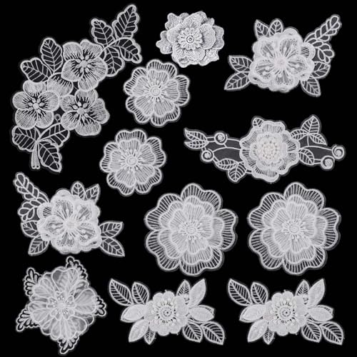 12 PCS Lace Appliques Embellishments White Flower Sew...