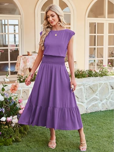 Image of Kikibell Womens Summer Dresses Cap Sleeve Elastic Waist Midi Dress with Pocket Long Causal Sundress Beach Vacation Outfits
