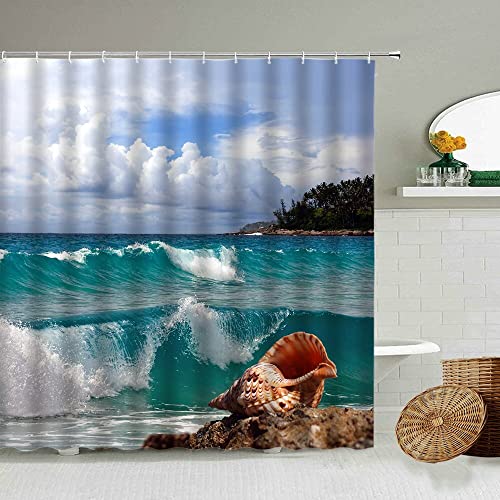 Cortina de Ducha Impermeable con Paisaje Natural de Olas Azules, Surf, delfín, tiburón, partición de baño Creativa, Cortina de Tela 3D S.7 150x180cm