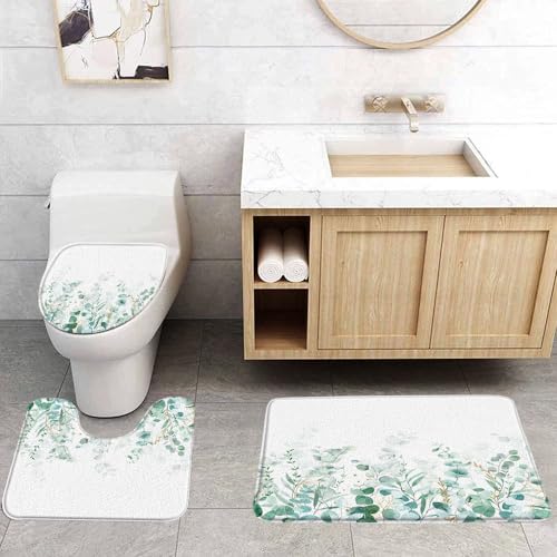VPUPCN Green Leaves 3 Pcs Bath Rugs Set,Sage Green Eucalyptus Leaf Watercolor Nature Floral Plant Botanical Spring Bathroom Kitchen Rug with 16