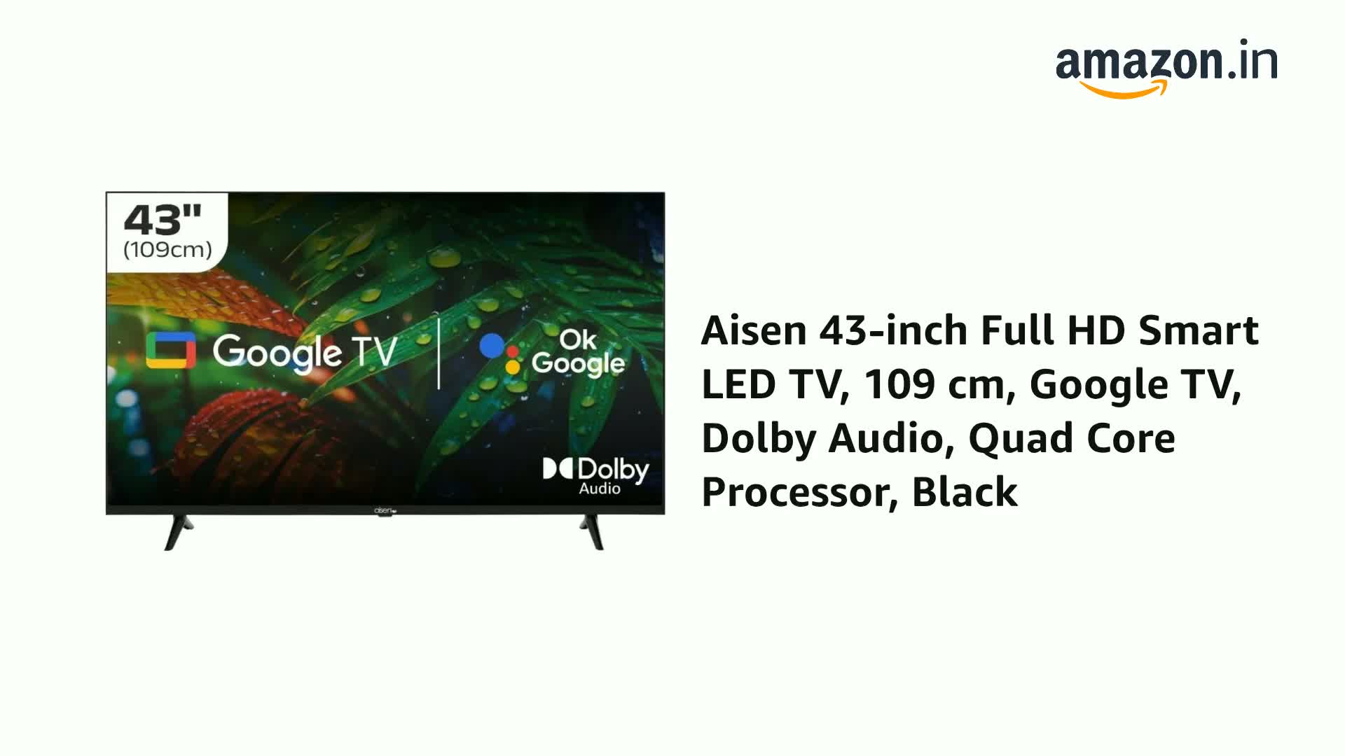 aisen 43-inch Full HD Smart LED TV, 109 cm, Google TV, Dolby Audio