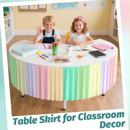 Image of 14FT Ruffle Pastel Table Skirt Teacher Desk Skirt for Classroom Decor Rectangle Round Table Cloth Colorful Desk Cover for Back to School Decorations Birthday Party Supplies Office Bookcase Cabinet