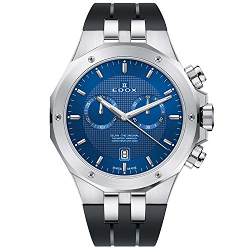 Edox Men's Delfin The Original 43mm Black Rubber Band Steel Case Swiss Quartz Analog Watch 10110 3CA BUIN