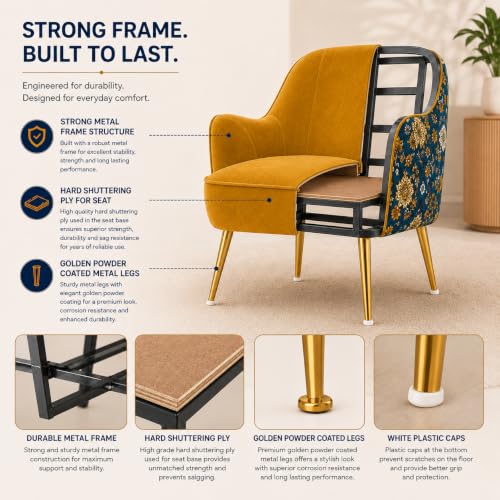 Image of Velvet Chair with Pillow for Home | Modern Accent Armchair in Soft Velvet Fabric with Golden Legs | Premium Accent Chair for Living Room Bedroom Restaurent | (Mustard, Big Zara)