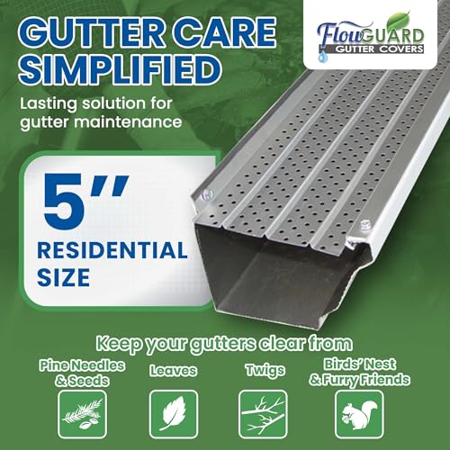 Image of FlowGuard Gutter Guard, USA Made Professional DIY 5 Inch 50-Year Gutter Cover Leaf Protection System - Matte - Aluminum - 22 Feet - by FlexxPoint