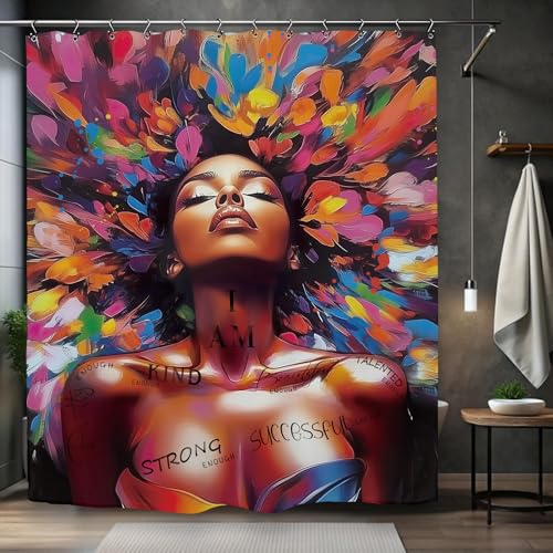 Kalmico African American Shower Curtain 60Wx72L Inch Black Girl Woman Inspirational Motivational Afro Positive Lady Oil Painting Art Bathroom Set Accessories Decor with 12 Pack Hooks