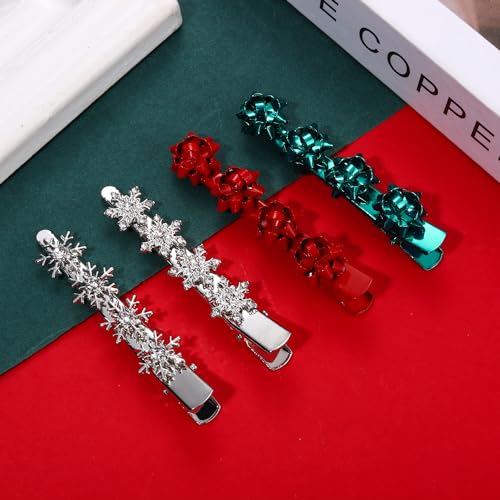 4PCS Pinzas para el cabello con copo de nieve navideño para mujeres, clip de pelo con cristal de rhinestone, accesorio festivo para disfraces de Navidad (Rojo Verde Plata) miniatura 4