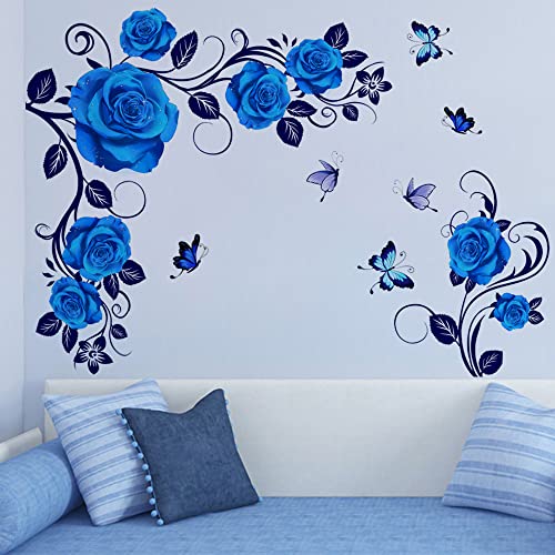 Runtoo Blue Rose Flower Wall Art Stickers Hanging Vine Floral Wall Decals Living Room Girls Bedroom TV Background Decor - Image 3