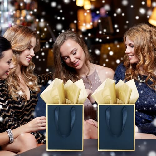 Image of Yeaqee 24 Pack Metallic Paper Gift Bag with Tissue, Navy Blue, Gold | with Satin Ribbon Handle and Tissue, 9x7x3.1 Inch, Suit Business, Birthday, Christmas, Thank You Return Gifts Bags