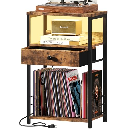 BOLUO Record Player Stand with Vinyl Storage, Turntable Stand with Charging Station and LED Light Record Player Table with Drawer for Album CD
