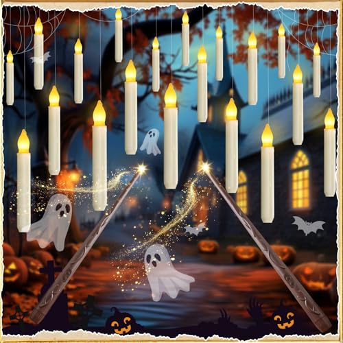 Image of Homemory 20 Pcs Floating Candles with 2 Wand, LED Warm Yellow Magic Deco Candle, Warm Yellow Flameless Taper Candles for Halloween Party Decor
