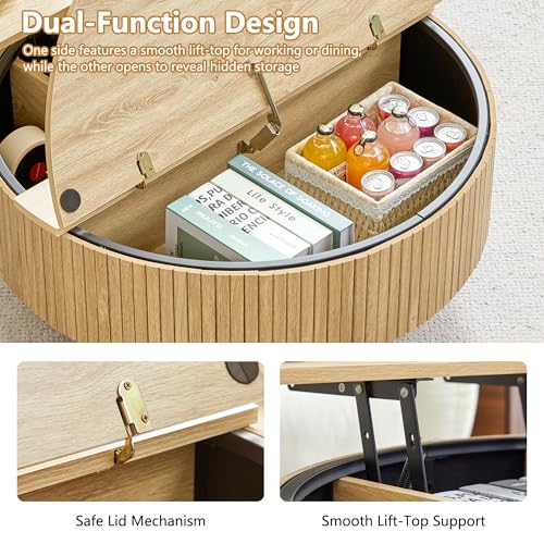 Image of 33 inch Round Coffee Table with Lift-Top & Flip-Top Storage, Modern Accent Fluted Coffee Tables with Metal Frame, Wooden Circle Center Table for Living Room Small Space Apartment Office (Natural)