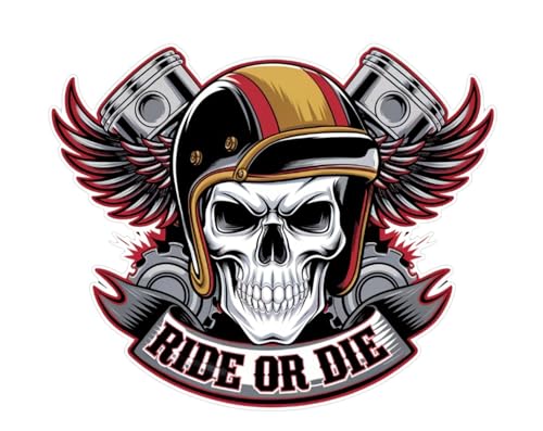 Pegatina Biker “Ride or Die” – Calavera con Casco, Alas y Pistones – Vinilo 10x8 cm Impresa con Tintas Ecosolventes – Adhesivo Impermeable para Moto, Casco, Coche – Exterior Resistente, Diseño a Color