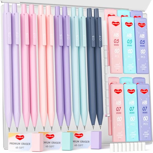 Smallbudi 12PCS 0.5 & 0.7 mm Mechanical Pencils Set with Case, Cute Pastel Mechanical Pencil with 720PCS HB Lead Refills, 3 Erasers, Aesthetic Back to School Supplies for Student Writing Drafting