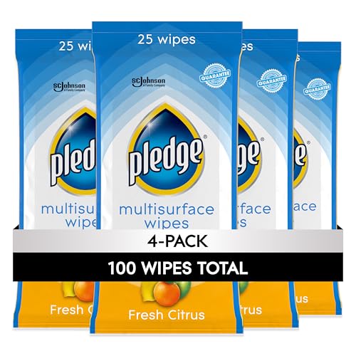 Image of Pledge Multisurface Cleaning Wipes, pH Balanced, Fresh Citrus, 25 Count (Pack of 4, 100 Total Wipes)